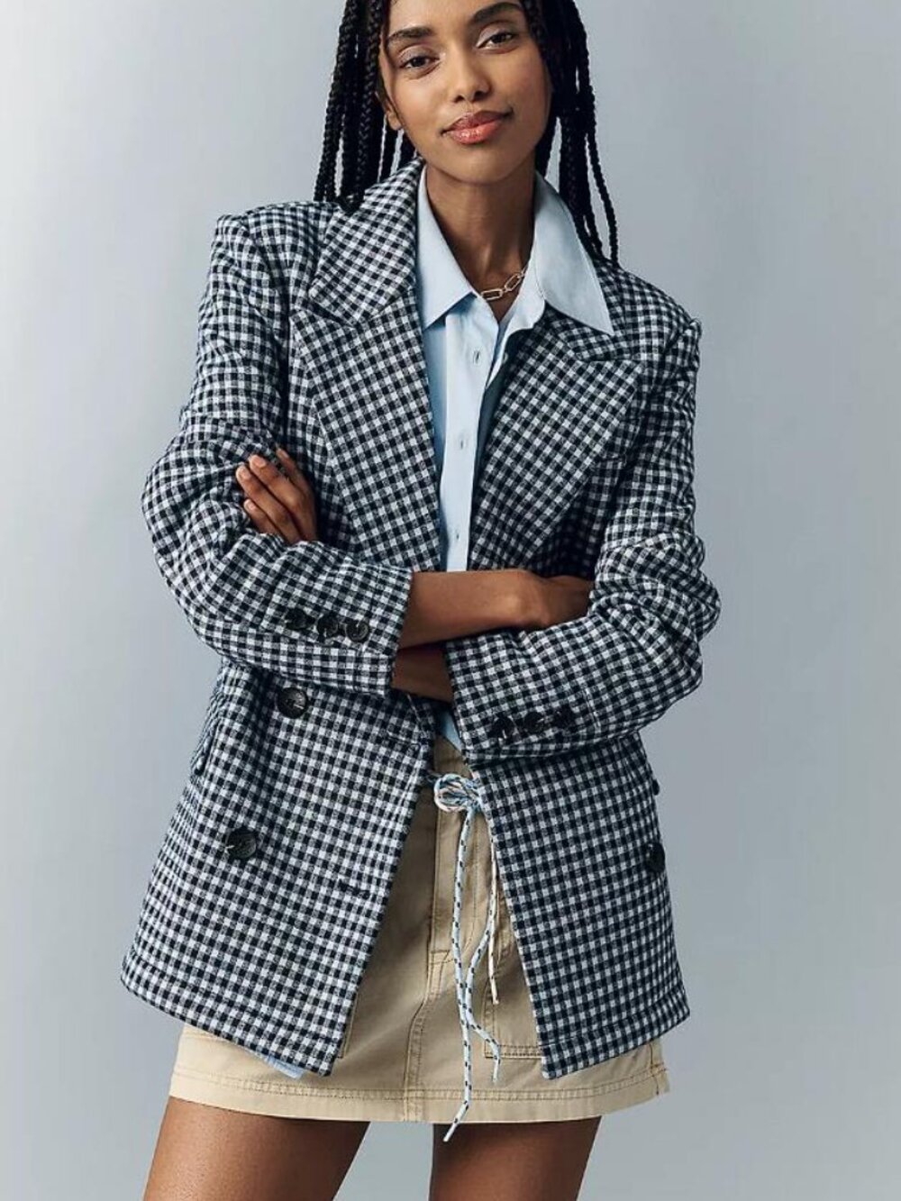 AVEC LES FILLES Women's Double-Breasted Knit Plaid Blazer Size S Neutral Plaid